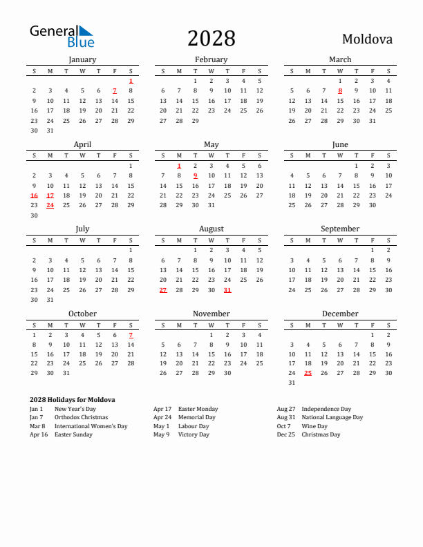 Moldova Holidays Calendar for 2028