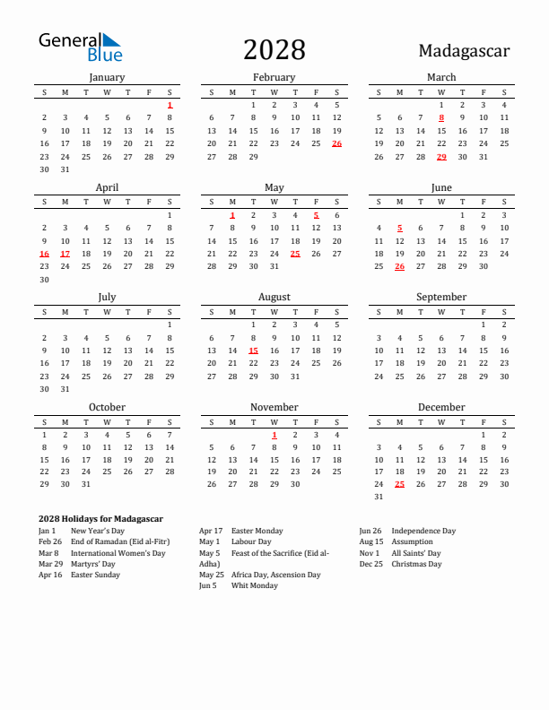 Madagascar Holidays Calendar for 2028