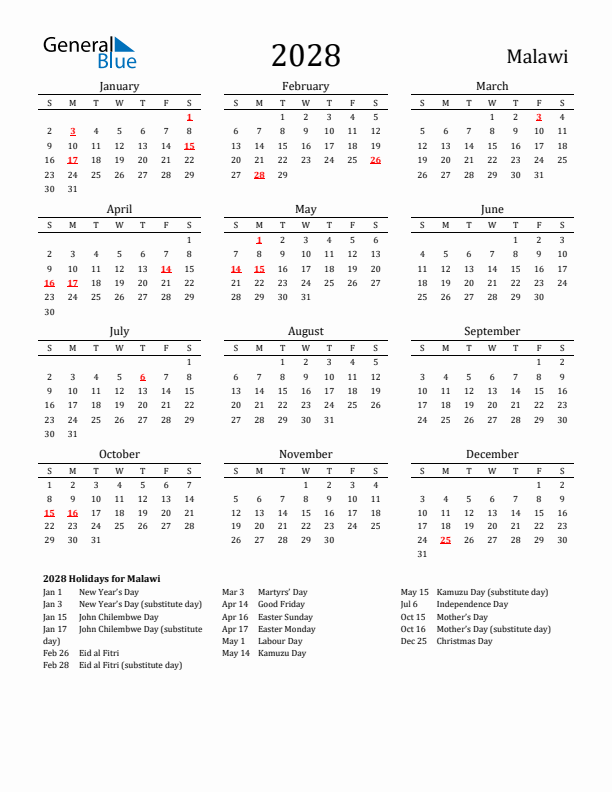 Malawi Holidays Calendar for 2028