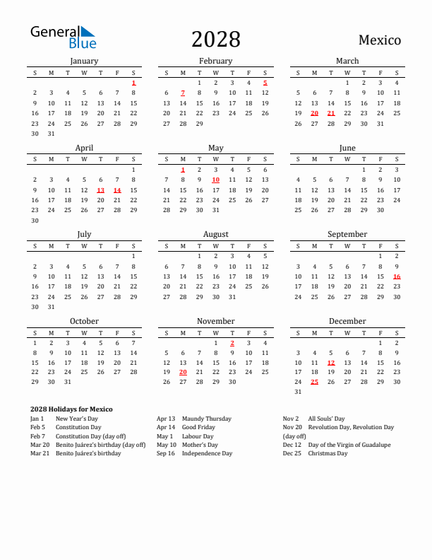 Mexico Holidays Calendar for 2028