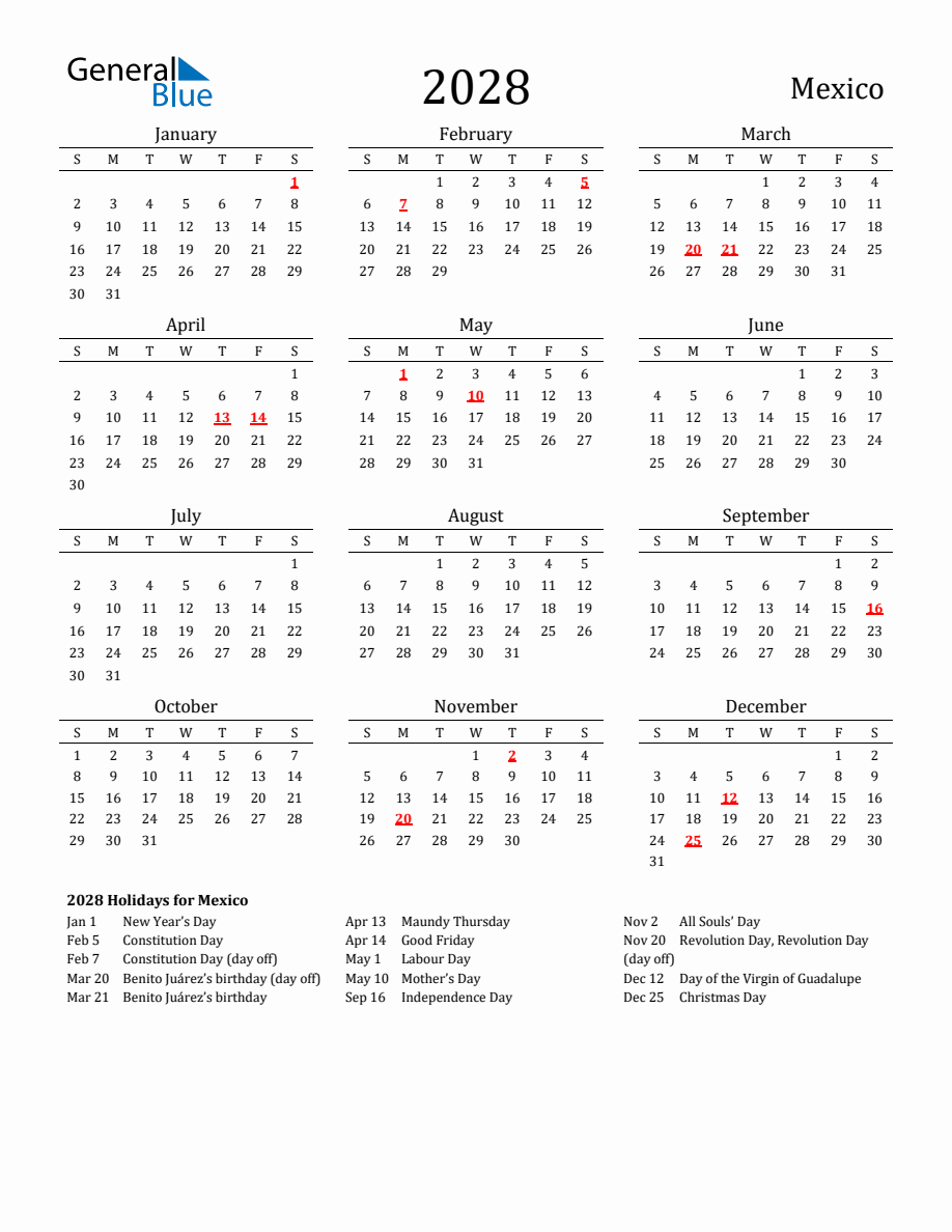 Free Mexico Holidays Calendar for Year 2028