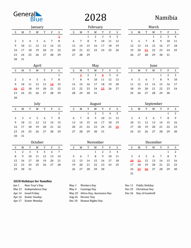 Namibia Holidays Calendar for 2028