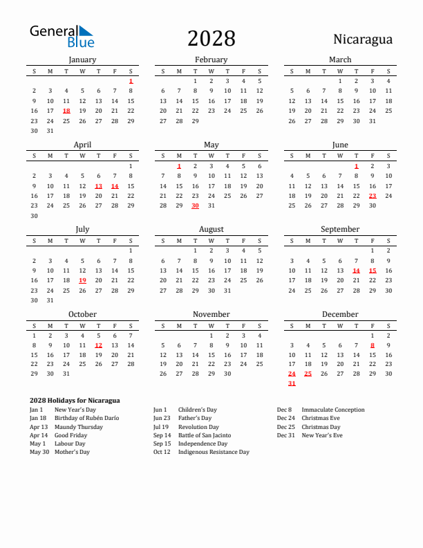 Nicaragua Holidays Calendar for 2028