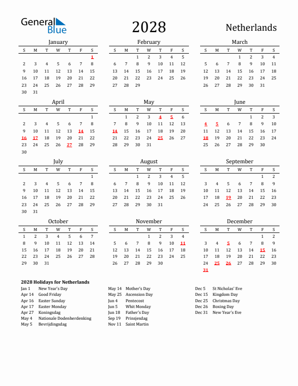 The Netherlands Holidays Calendar for 2028