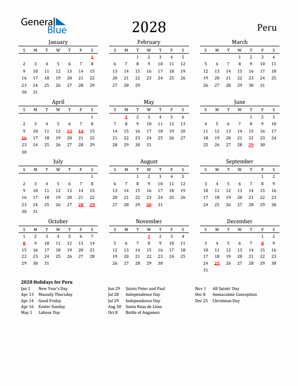 Peru Holidays Calendar for 2028