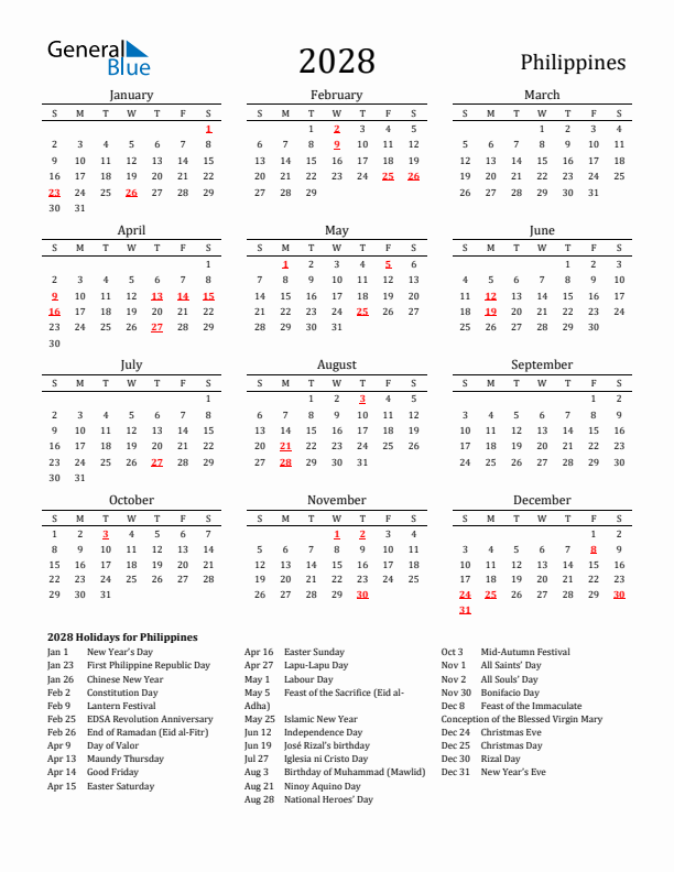 Philippines Holidays Calendar for 2028