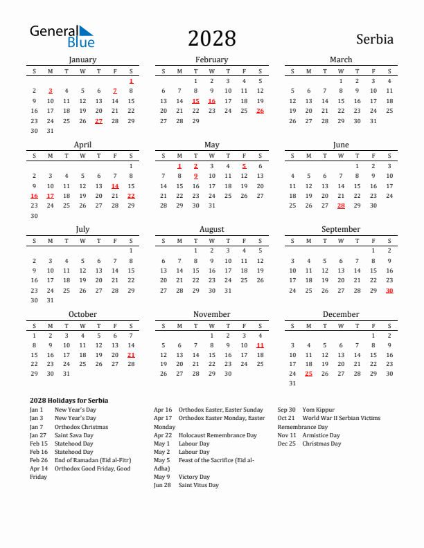 Serbia Holidays Calendar for 2028