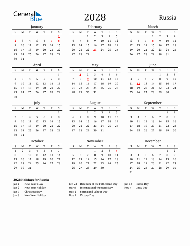 Russia Holidays Calendar for 2028