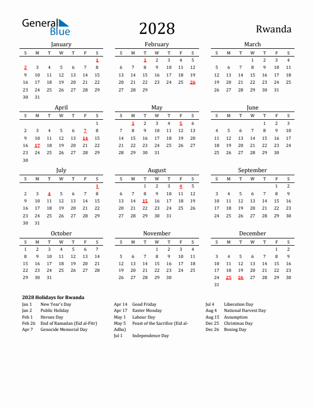 Rwanda Holidays Calendar for 2028