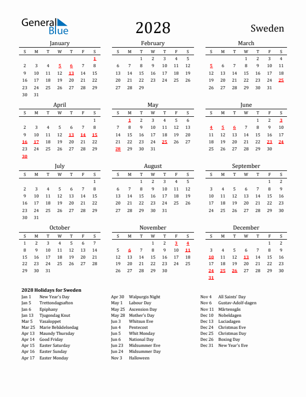 Sweden Holidays Calendar for 2028