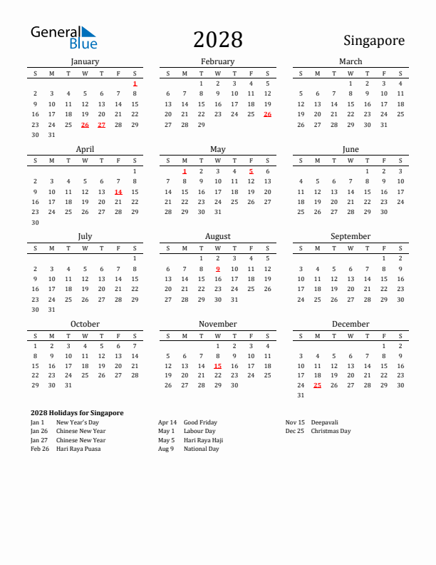 Singapore Holidays Calendar for 2028