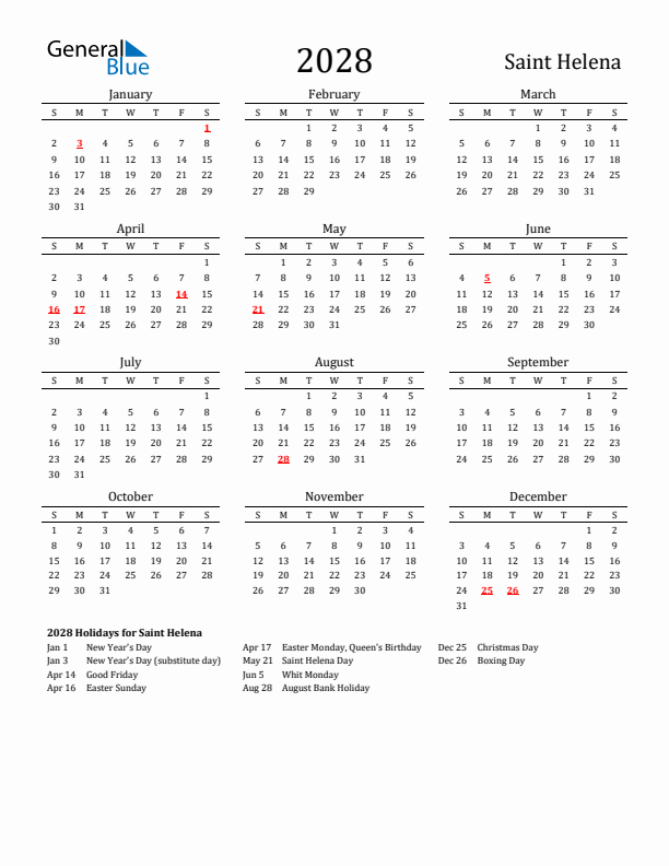 Saint Helena Holidays Calendar for 2028