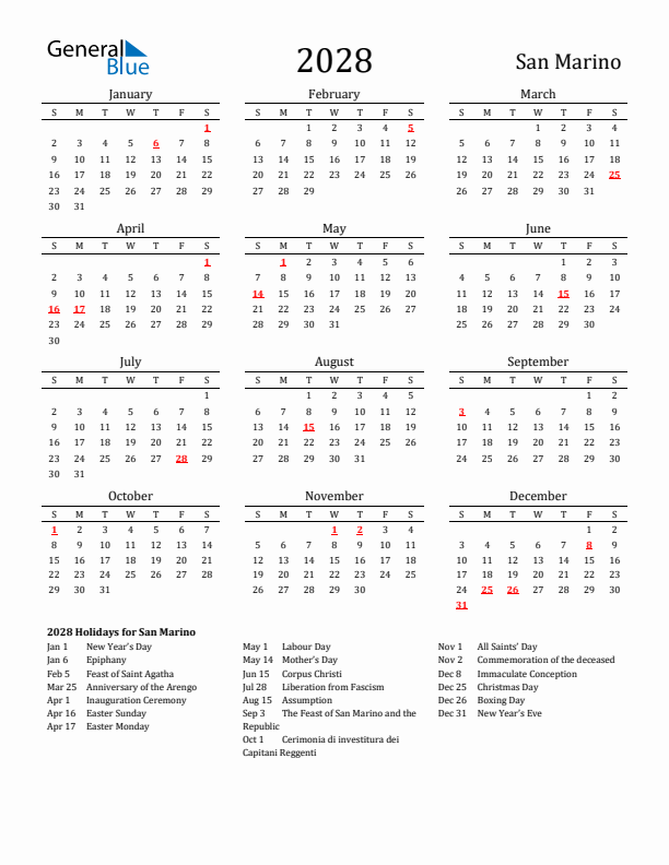 San Marino Holidays Calendar for 2028