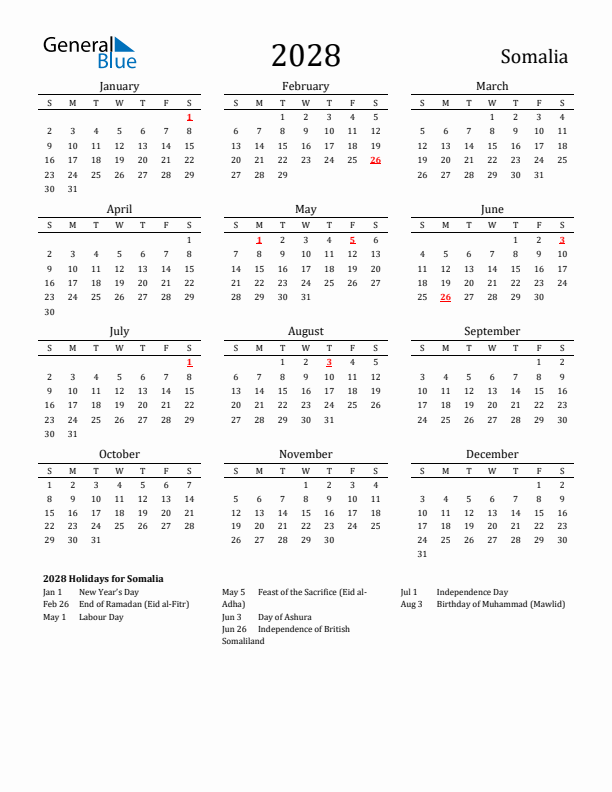 Somalia Holidays Calendar for 2028