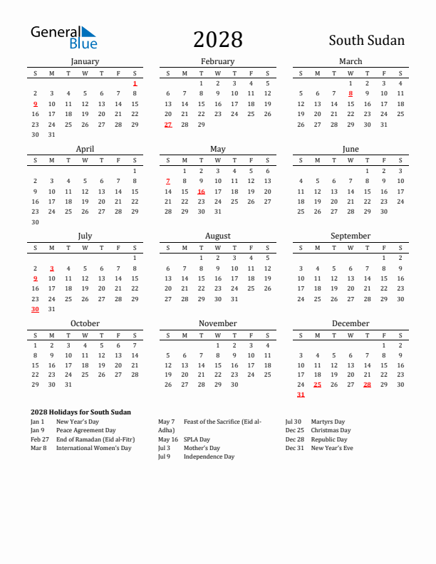 South Sudan Holidays Calendar for 2028