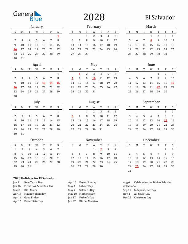 El Salvador Holidays Calendar for 2028