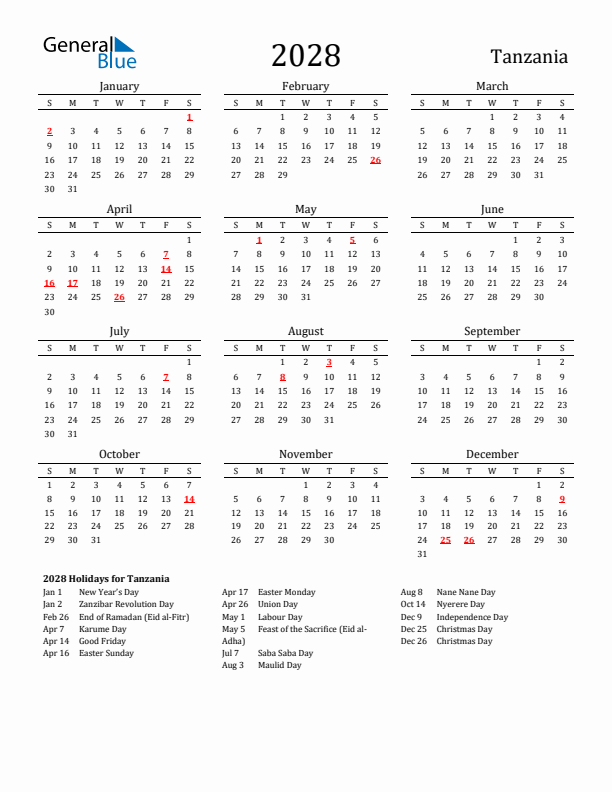 Tanzania Holidays Calendar for 2028