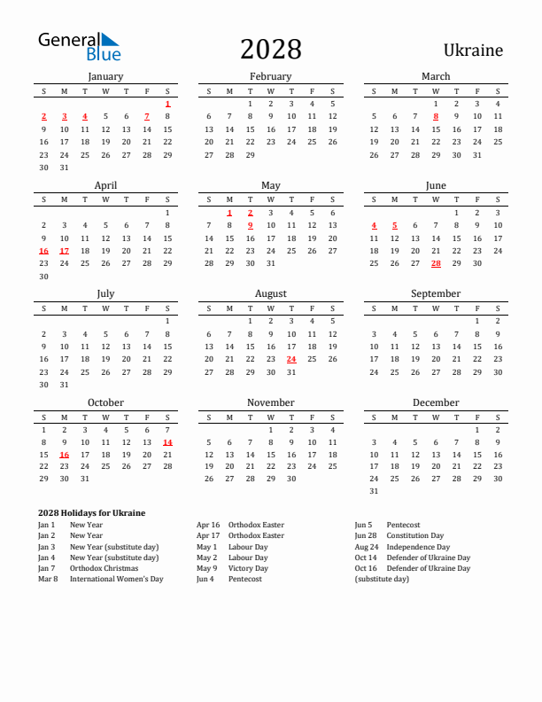 Ukraine Holidays Calendar for 2028