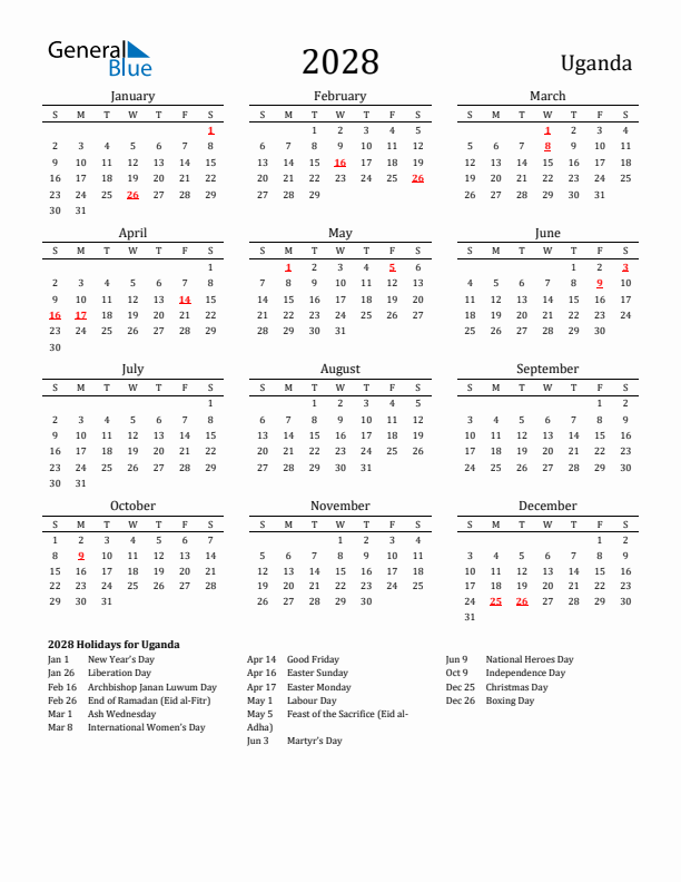 Uganda Holidays Calendar for 2028