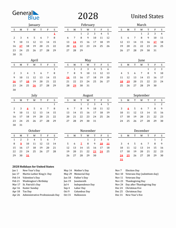 United States Holidays Calendar for 2028