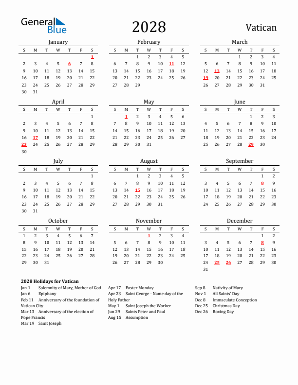 Vatican Holidays Calendar for 2028