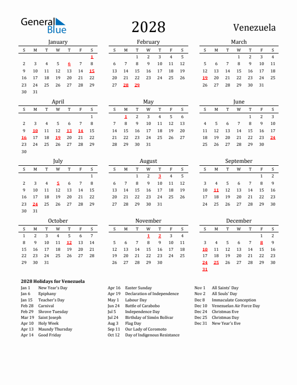 Venezuela Holidays Calendar for 2028