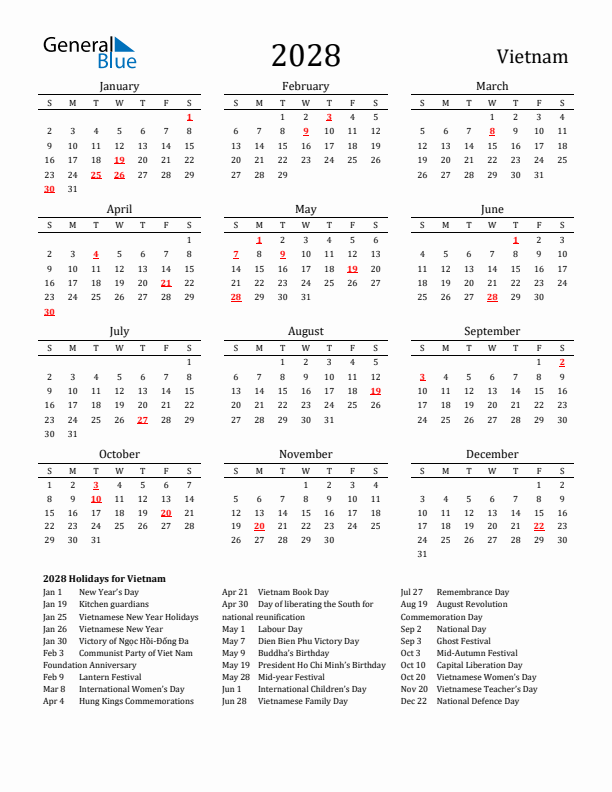 Vietnam Holidays Calendar for 2028