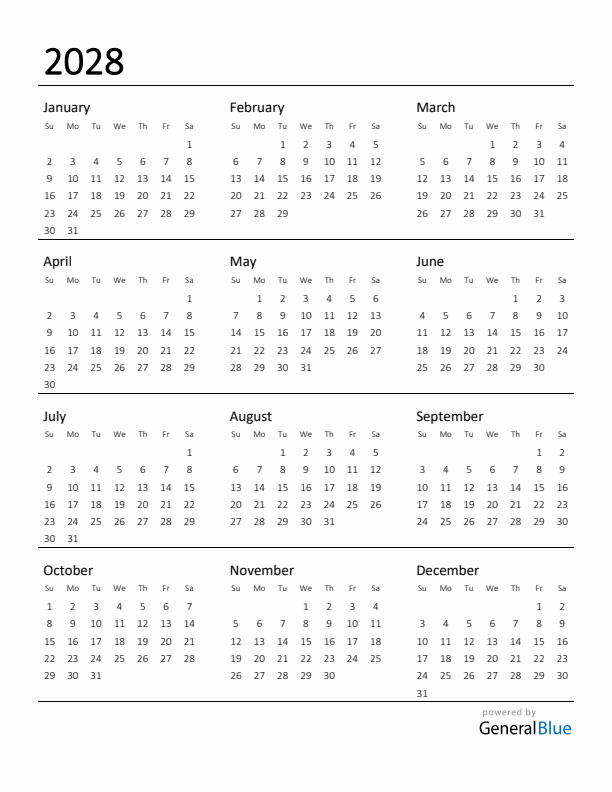 Printable Calendar for 2028