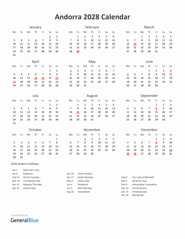 2028 Yearly Calendar Printable With Andorra Holidays