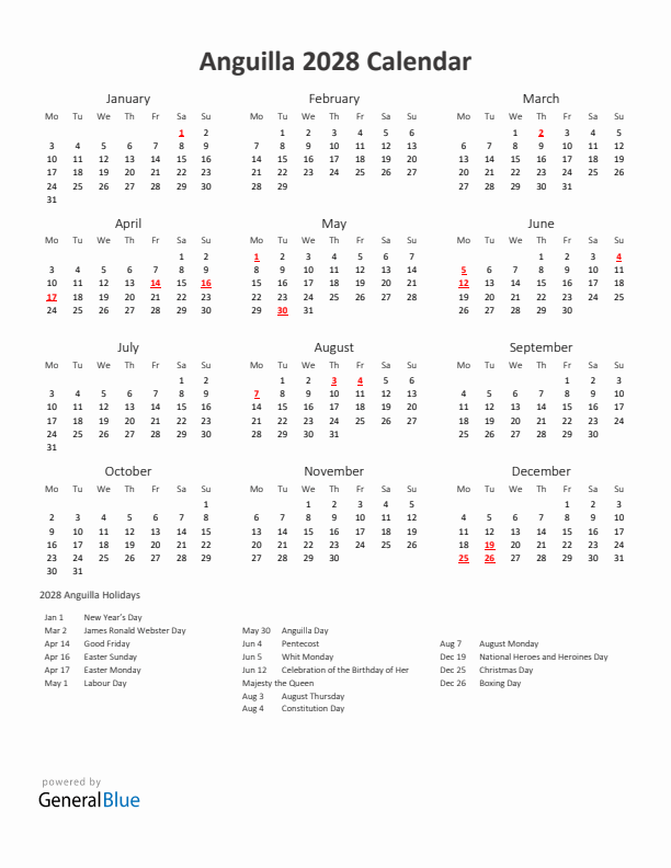 2028 Yearly Calendar Printable With Anguilla Holidays