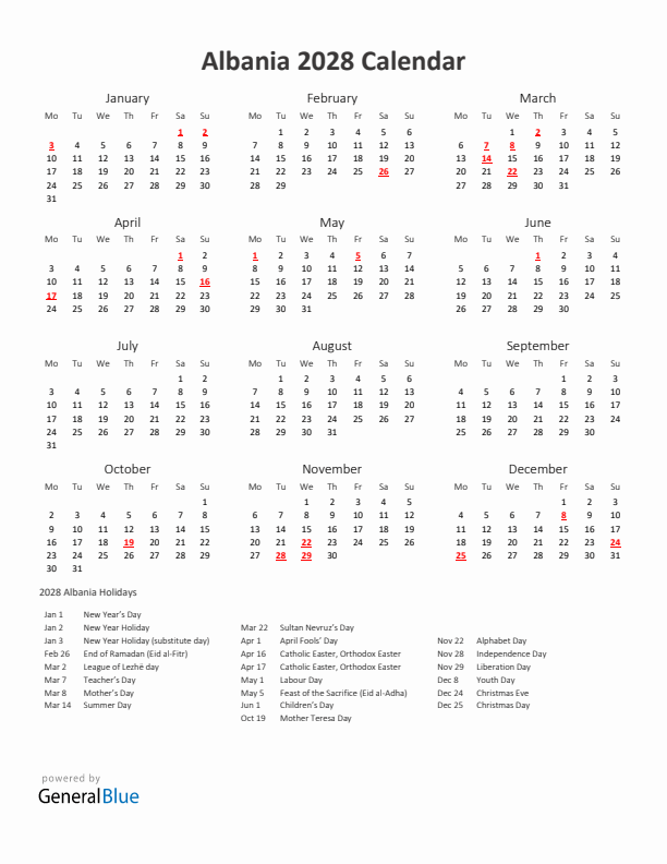 2028 Yearly Calendar Printable With Albania Holidays