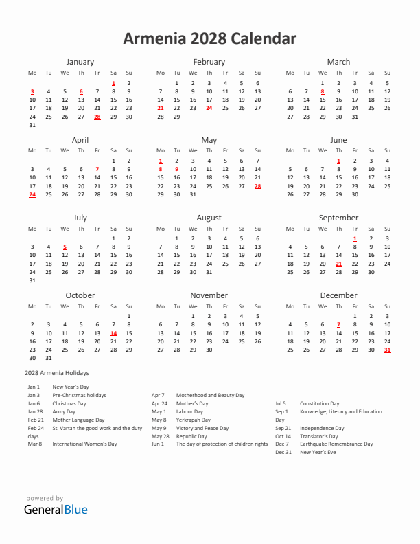 2028 Yearly Calendar Printable With Armenia Holidays