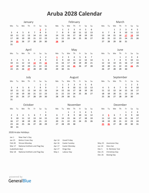 2028 Yearly Calendar Printable With Aruba Holidays