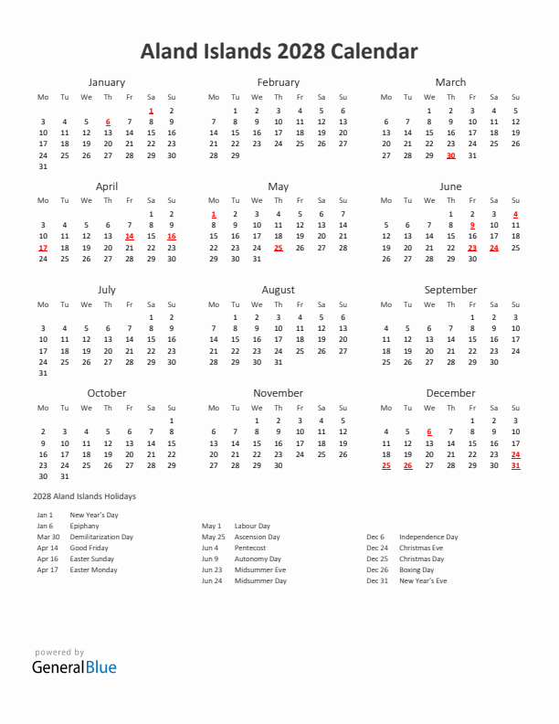 2028 Yearly Calendar Printable With Aland Islands Holidays