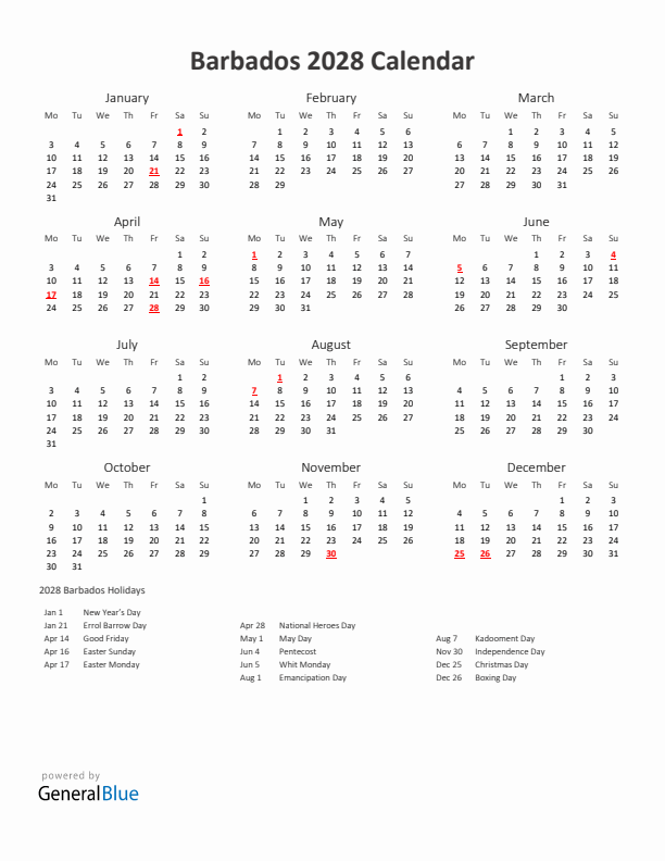 2028 Yearly Calendar Printable With Barbados Holidays