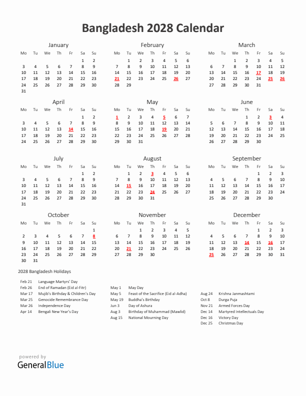 2028 Yearly Calendar Printable With Bangladesh Holidays