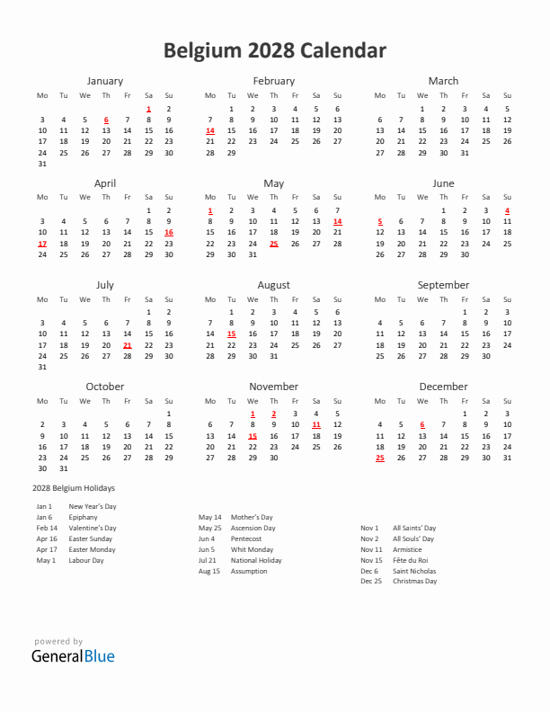 2028 Yearly Calendar Printable With Belgium Holidays
