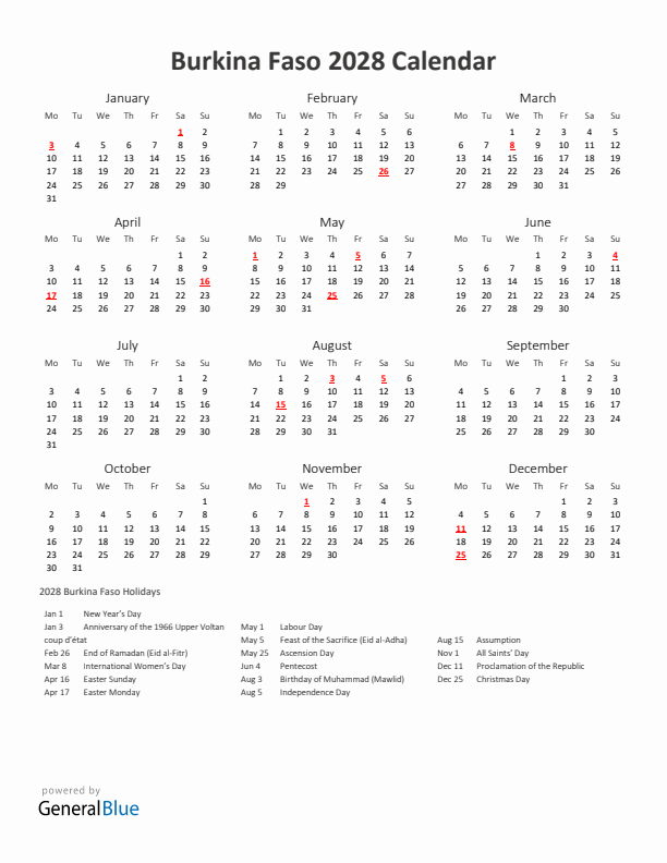 2028 Yearly Calendar Printable With Burkina Faso Holidays