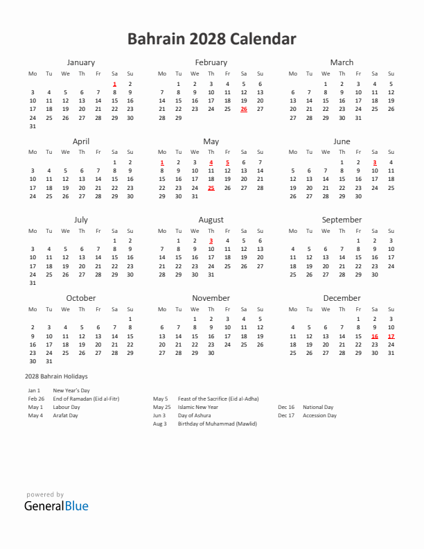2028 Yearly Calendar Printable With Bahrain Holidays