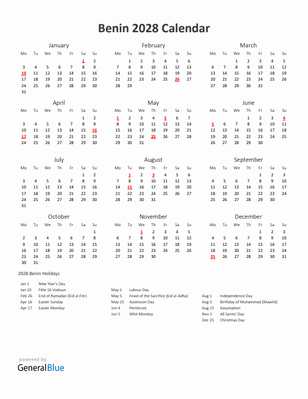 2028 Yearly Calendar Printable With Benin Holidays