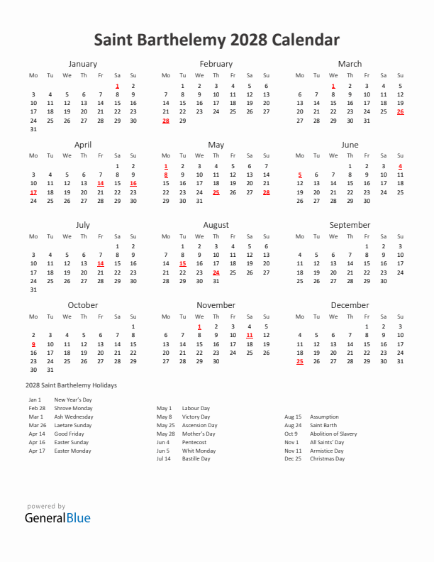 2028 Yearly Calendar Printable With Saint Barthelemy Holidays