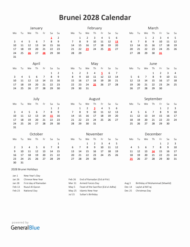 2028 Yearly Calendar Printable With Brunei Holidays