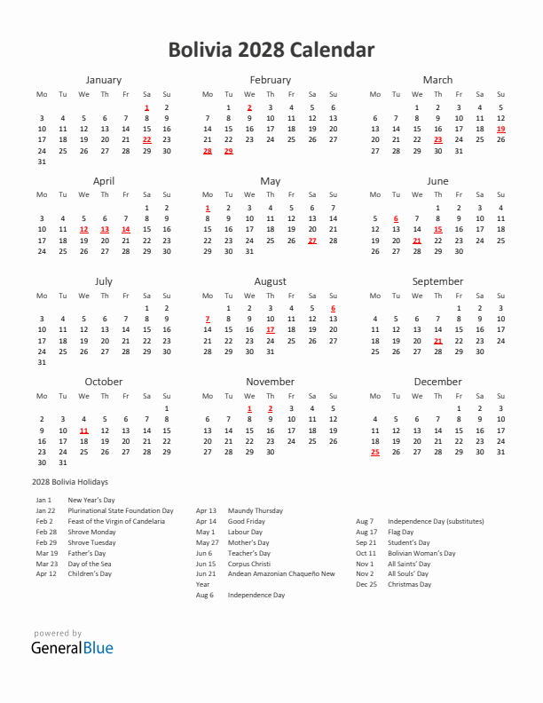 2028 Yearly Calendar Printable With Bolivia Holidays