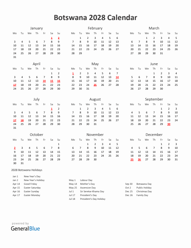 2028 Yearly Calendar Printable With Botswana Holidays