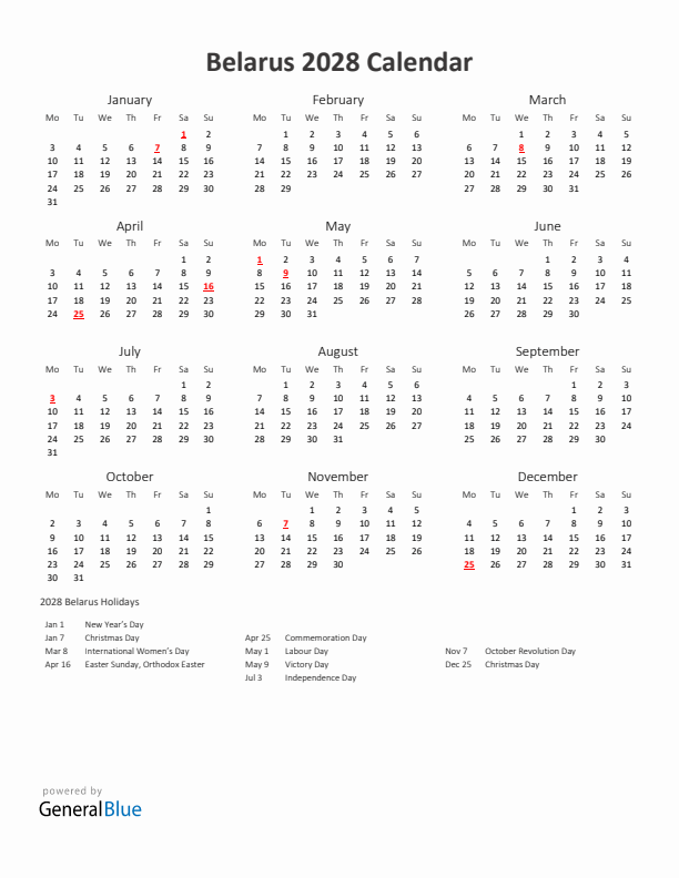 2028 Yearly Calendar Printable With Belarus Holidays
