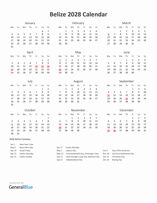 2028 Yearly Calendar Printable With Belize Holidays