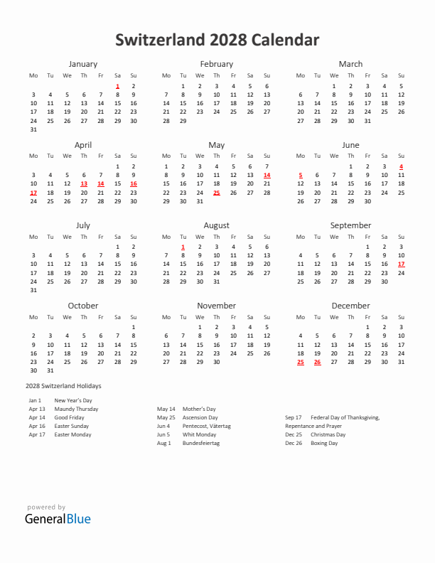 2028 Yearly Calendar Printable With Switzerland Holidays