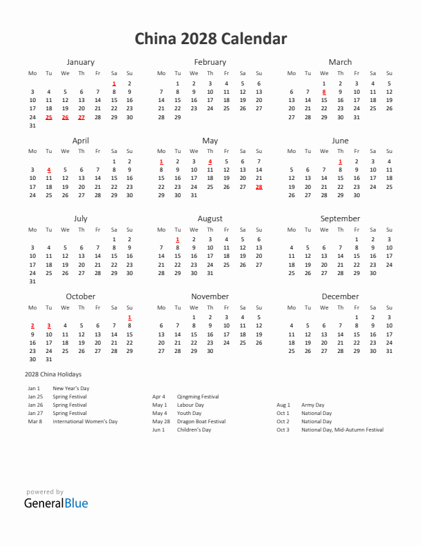 2028 Yearly Calendar Printable With China Holidays
