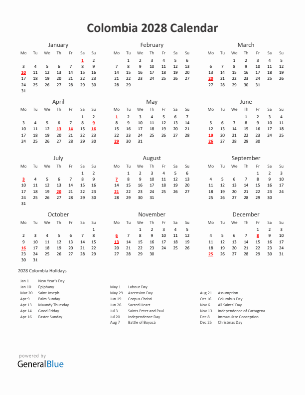 2028 Yearly Calendar Printable With Colombia Holidays
