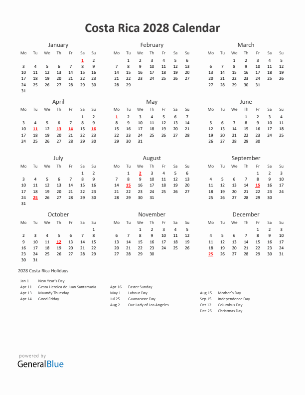 2028 Yearly Calendar Printable With Costa Rica Holidays